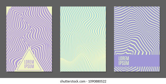 Cover Design Templates Set with Wavy Stripes in Modern Style. Abstract Backgrounds with Distortion of Geometric Shapes. Trendy Covers with Text and Gradient for Brochure, Magazine, Presentation, Book