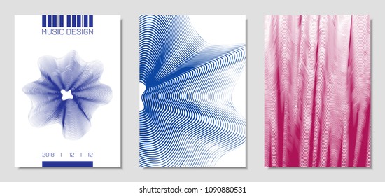 Cover Design Templates Set with Wavy Stripes in Modern Style. Movement. Abstract Backgrounds with Distorted Flow Lines and Text. Trendy Covers for Brochure, Magazine, Presentation, Music Poster, Book.