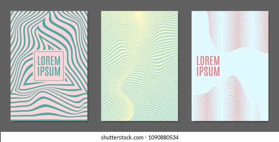Cover Design Templates Set with Wavy Stripes in Modern Style. Abstract Backgrounds with Distortion of Geometric Shapes. Trendy Covers with Text and Gradient for Brochure, Magazine, Presentation, Book