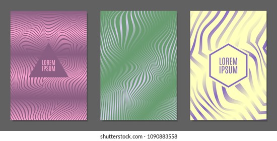 Cover Design Templates Set with Wavy Stripes in Modern Style. Abstract Backgrounds with Distortion of Geometric Shapes. Trendy Covers with Text and Gradient for Brochure, Magazine, Presentation, Book