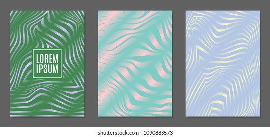 Cover Design Templates Set with Wavy Stripes in Modern Style. Abstract Backgrounds with Distortion of Geometric Shapes. Trendy Covers with Text and Gradient for Brochure, Magazine, Presentation, Book