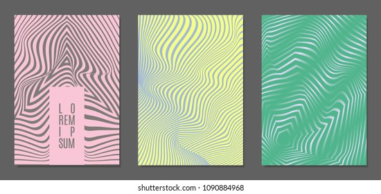 Cover Design Templates Set with Wavy Stripes in Modern Style. Abstract Backgrounds with Distortion of Geometric Shapes. Trendy Covers with Text and Gradient for Brochure, Magazine, Presentation, Book