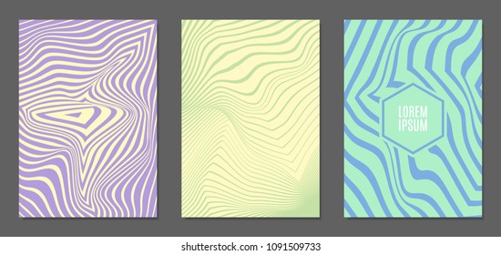 Cover Design Templates Set with Wavy Stripes in Modern Style. Abstract Backgrounds with Distortion of Geometric Shapes. Trendy Covers with Text and Gradient for Brochure, Magazine, Presentation, Book