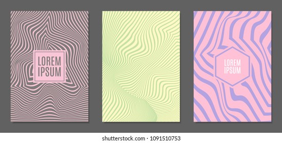 Cover Design Templates Set with Wavy Stripes in Modern Style. Abstract Backgrounds with Distortion of Geometric Shapes. Trendy Covers with Text and Gradient for Brochure, Magazine, Presentation, Book