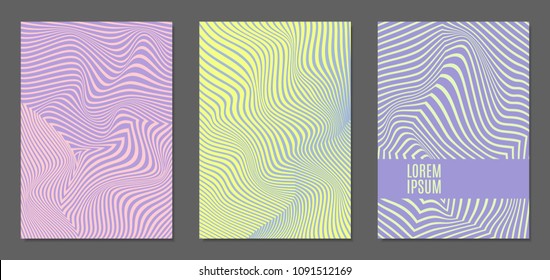 Cover Design Templates Set with Wavy Stripes in Modern Style. Abstract Backgrounds with Distortion of Geometric Shapes. Trendy Covers with Text and Gradient for Brochure, Magazine, Presentation, Book