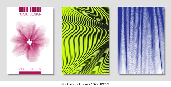 Cover Design Templates Set with Wavy Stripes in Modern Style. Movement. Abstract Backgrounds with Distorted Flow Lines and Text. Trendy Covers for Brochure, Magazine, Presentation, Music Poster, Book.
