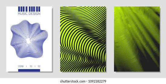 Cover Design Templates Set with Wavy Stripes in Modern Style. Movement. Abstract Backgrounds with Distorted Flow Lines and Text. Trendy Covers for Brochure, Magazine, Presentation, Music Poster, Book.