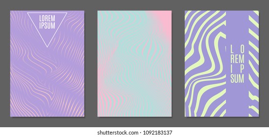 Cover Design Templates Set with Wavy Stripes in Modern Style. Abstract Backgrounds with Distortion of Geometric Shapes. Trendy Covers with Text and Gradient for Brochure, Magazine, Presentation, Book