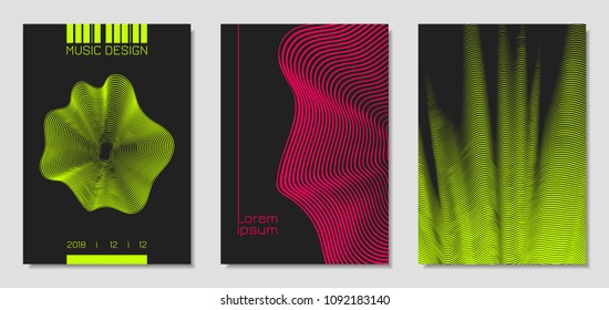 Cover Design Templates Set with Wavy Stripes in Modern Style. Movement. Abstract Backgrounds with Distorted Flow Lines and Text. Trendy Covers for Brochure, Magazine, Presentation, Music Poster, Book.