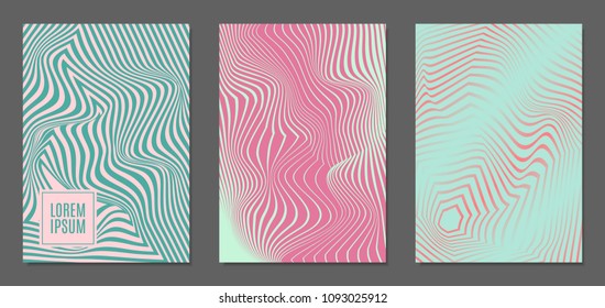 Cover Design Templates Set with Wavy Stripes in Modern Style. Abstract Backgrounds with Distortion of Geometric Shapes. Trendy Covers with Text and Gradient for Brochure, Magazine, Presentation, Book
