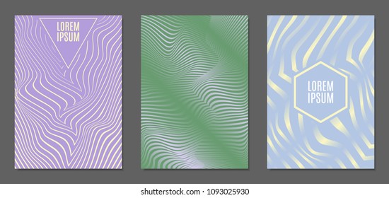 Cover Design Templates Set with Wavy Stripes in Modern Style. Abstract Backgrounds with Distortion of Geometric Shapes. Trendy Covers with Text and Gradient for Brochure, Magazine, Presentation, Book