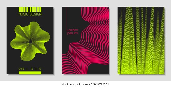 Cover Design Templates Set with Wavy Stripes in Modern Style. Movement. Abstract Backgrounds with Distorted Flow Lines and Text. Trendy Covers for Brochure, Magazine, Presentation, Music Poster, Book.