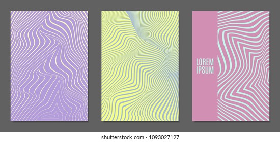 Cover Design Templates Set with Wavy Stripes in Modern Style. Abstract Backgrounds with Distortion of Geometric Shapes. Trendy Covers with Text and Gradient for Brochure, Magazine, Presentation, Book