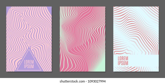 Cover Design Templates Set with Wavy Stripes in Modern Style. Abstract Backgrounds with Distortion of Geometric Shapes. Trendy Covers with Text and Gradient for Brochure, Magazine, Presentation, Book