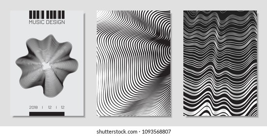 Cover Design Templates Set with Wavy Stripes in Modern Style. Movement. Abstract Backgrounds with Distorted Flow Lines and Text. Trendy Covers for Brochure, Magazine, Presentation, Music Poster, Book.