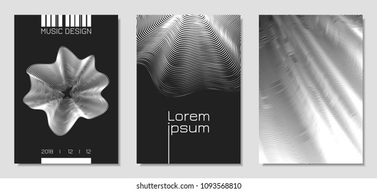 Cover Design Templates Set with Wavy Stripes in Modern Style. Movement. Abstract Backgrounds with Distorted Flow Lines and Text. Trendy Covers for Brochure, Magazine, Presentation, Music Poster, Book.
