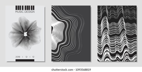 Cover Design Templates Set with Wavy Stripes in Modern Style. Movement. Abstract Backgrounds with Distorted Flow Lines and Text. Trendy Covers for Brochure, Magazine, Presentation, Music Poster, Book.