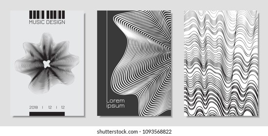 Cover Design Templates Set with Wavy Stripes in Modern Style. Movement. Abstract Backgrounds with Distorted Flow Lines and Text. Trendy Covers for Brochure, Magazine, Presentation, Music Poster, Book