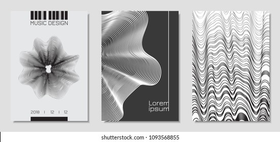 Cover Design Templates Set with Wavy Stripes in Modern Style. Movement. Abstract Backgrounds with Distorted Flow Lines and Text. Trendy Covers for Brochure, Magazine, Presentation, Music Poster, Book.