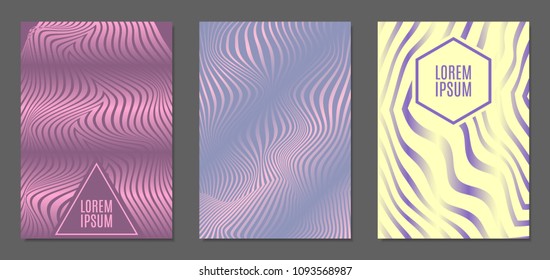 Cover Design Templates Set with Wavy Stripes in Modern Style. Abstract Backgrounds with Distortion of Geometric Shapes. Trendy Covers with Text and Gradient for Brochure, Magazine, Presentation, Book