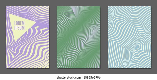 Cover Design Templates Set with Wavy Stripes in Modern Style. Abstract Backgrounds with Distortion of Geometric Shapes. Trendy Covers with Text and Gradient for Brochure, Magazine, Presentation, Book