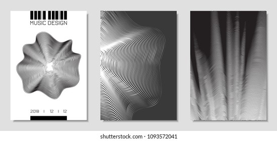 Cover Design Templates Set with Wavy Stripes in Modern Style. Movement. Abstract Backgrounds with Distorted Flow Lines and Text. Trendy Covers for Brochure, Magazine, Presentation, Music Poster, Book.