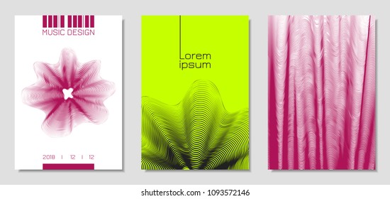 Cover Design Templates Set with Wavy Stripes in Modern Style. Movement. Abstract Backgrounds with Distorted Flow Lines and Text. Trendy Covers for Brochure, Magazine, Presentation, Music Poster, Book.