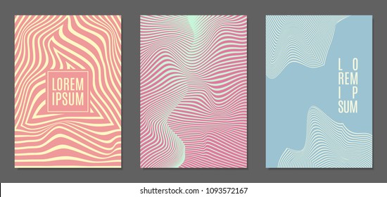 Cover Design Templates Set with Wavy Stripes in Modern Style. Abstract Backgrounds with Distortion of Geometric Shapes. Trendy Covers with Text and Gradient for Brochure, Magazine, Presentation, Book