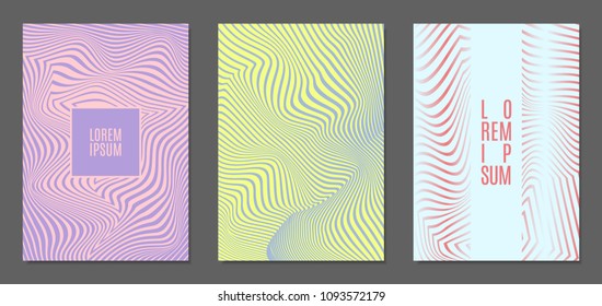 Cover Design Templates Set with Wavy Stripes in Modern Style. Abstract Backgrounds with Distortion of Geometric Shapes. Trendy Covers with Text and Gradient for Brochure, Magazine, Presentation, Book