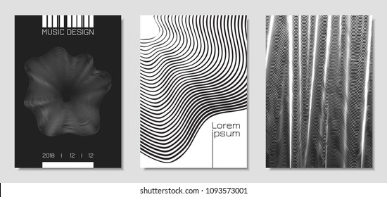 Plantillas de diseño de portada con bandas onduladas en estilo moderno. Movimiento. Fondos abstractos con líneas de flujo y texto distorsionados. Tapas de moda para Folletos, Revista, Presentación, Afiche Musical, Libro.