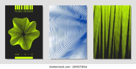 Cover Design Templates Set with Wavy Stripes in Modern Style. Movement. Abstract Backgrounds with Distorted Flow Lines and Text. Trendy Covers for Brochure, Magazine, Presentation, Music Poster, Book.