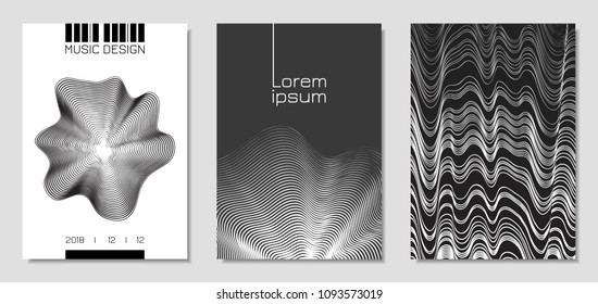Cover Design Templates Set with Wavy Stripes in Modern Style. Movement. Abstract Backgrounds with Distorted Flow Lines and Text. Trendy Covers for Brochure, Magazine, Presentation, Music Poster, Book.