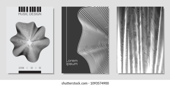 Cover Design Templates Set with Wavy Stripes in Modern Style. Movement. Abstract Backgrounds with Distorted Flow Lines and Text. Trendy Covers for Brochure, Magazine, Presentation, Music Poster, Book.