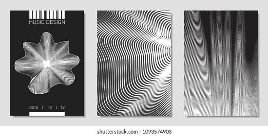 Cover Design Templates Set with Wavy Stripes in Modern Style. Movement. Abstract Backgrounds with Distorted Flow Lines and Text. Trendy Covers for Brochure, Magazine, Presentation, Music Poster, Book.