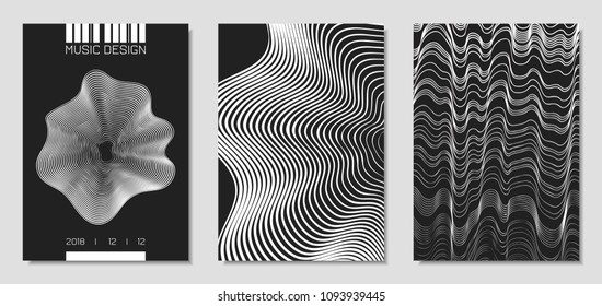 Cover Design Templates Set with Wavy Stripes in Modern Style. Movement. Abstract Backgrounds with Distorted Flow Lines and Text. Trendy Covers for Brochure, Magazine, Presentation, Music Poster, Book.