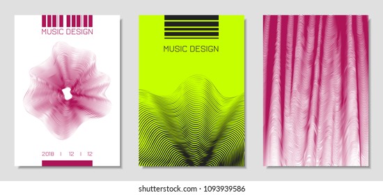 Cover Design Templates Set with Wavy Stripes in Modern Style. Movement. Abstract Backgrounds with Distorted Flow Lines and Text. Trendy Covers for Brochure, Magazine, Presentation, Music Poster, Book.