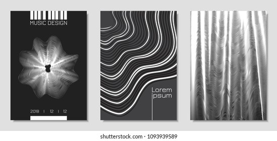 Cover Design Templates Set with Wavy Stripes in Modern Style. Movement. Abstract Backgrounds with Distorted Flow Lines and Text. Trendy Covers for Brochure, Magazine, Presentation, Music Poster, Book.