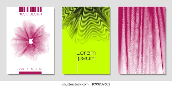 Cover Design Templates Set with Wavy Stripes in Modern Style. Movement. Abstract Backgrounds with Distorted Flow Lines and Text. Trendy Covers for Brochure, Magazine, Presentation, Music Poster, Book.