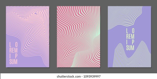 Cover Design Templates Set with Wavy Stripes in Modern Style. Abstract Backgrounds with Distortion of Geometric Shapes. Trendy Covers with Text and Gradient for Brochure, Magazine, Presentation, Book