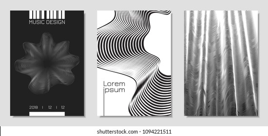 Plantillas de diseño de portada con bandas onduladas en estilo moderno. Movimiento. Fondos abstractos con líneas de flujo y texto distorsionados. Tapas de moda para Folletos, Revista, Presentación, Afiche Musical, Libro.