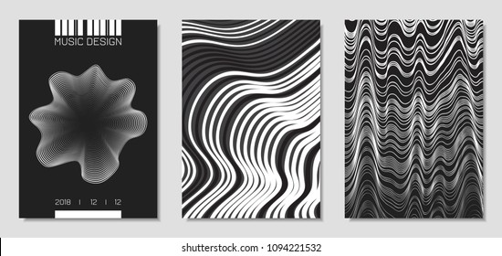Cover Design Templates Set with Wavy Stripes in Modern Style. Movement. Abstract Backgrounds with Distorted Flow Lines and Text. Trendy Covers for Brochure, Magazine, Presentation, Music Poster, Book.