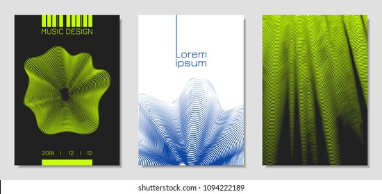 Cover Design Templates Set with Wavy Stripes in Modern Style. Movement. Abstract Backgrounds with Distorted Flow Lines and Text. Trendy Covers for Brochure, Magazine, Presentation, Music Poster, Book.