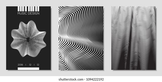 Cover Design Templates Set with Wavy Stripes in Modern Style. Movement. Abstract Backgrounds with Distorted Flow Lines and Text. Trendy Covers for Brochure, Magazine, Presentation, Music Poster, Book.