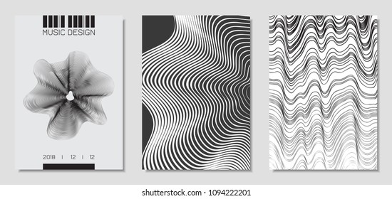 Cover Design Templates Set with Wavy Stripes in Modern Style. Movement. Abstract Backgrounds with Distorted Flow Lines and Text. Trendy Covers for Brochure, Magazine, Presentation, Music Poster, Book.