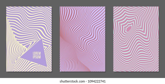 Cover Design Templates Set with Wavy Stripes in Modern Style. Abstract Backgrounds with Distortion of Geometric Shapes. Trendy Covers with Text and Gradient for Brochure, Magazine, Presentation, Book