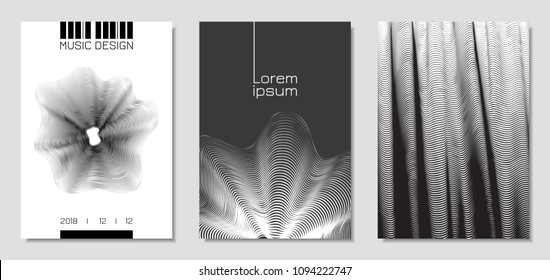 Cover Design Templates Set with Wavy Stripes in Modern Style. Movement. Abstract Backgrounds with Distorted Flow Lines and Text. Trendy Covers for Brochure, Magazine, Presentation, Music Poster, Book.
