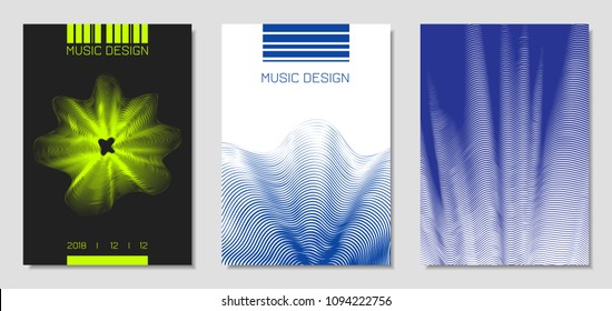 Cover Design Templates Set with Wavy Stripes in Modern Style. Movement. Abstract Backgrounds with Distorted Flow Lines and Text. Trendy Covers for Brochure, Magazine, Presentation, Music Poster, Book.