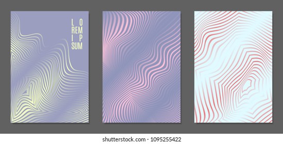 Cover Design Templates Set with Wavy Stripes in Modern Style. Abstract Backgrounds with Distortion of Geometric Shapes. Trendy Covers with Text and Gradient for Brochure, Magazine, Presentation, Book