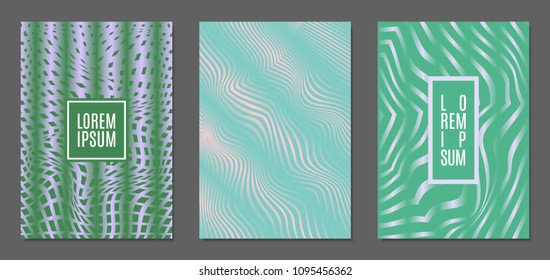 Cover Design Templates Set with Wavy Stripes in Modern Style. Abstract Backgrounds with Distortion of Geometric Shapes. Trendy Covers with Text and Gradient for Brochure, Magazine, Presentation, Book