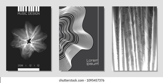 Cover Design Templates Set with Wavy Stripes in Modern Style. Movement. Abstract Backgrounds with Distorted Flow Lines and Text. Trendy Covers for Brochure, Magazine, Presentation, Music Poster, Book.